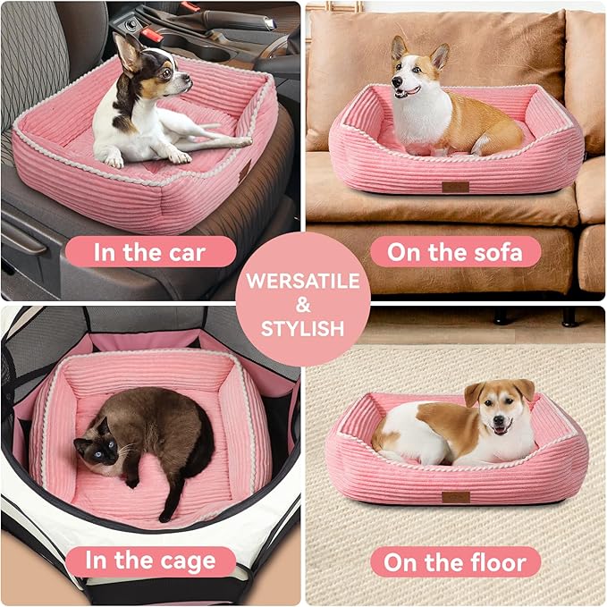 Cat Dog Bed for Pets, Rectangle Pet Bed Gift for Puppy and Kitten, Machine Washable Calming Fluffy Pet Couch Sofa for Indoor Outdoor, Portable Soft Cat Bed with Non-Slip Bottom (Small, Pink) - PAWPICO
