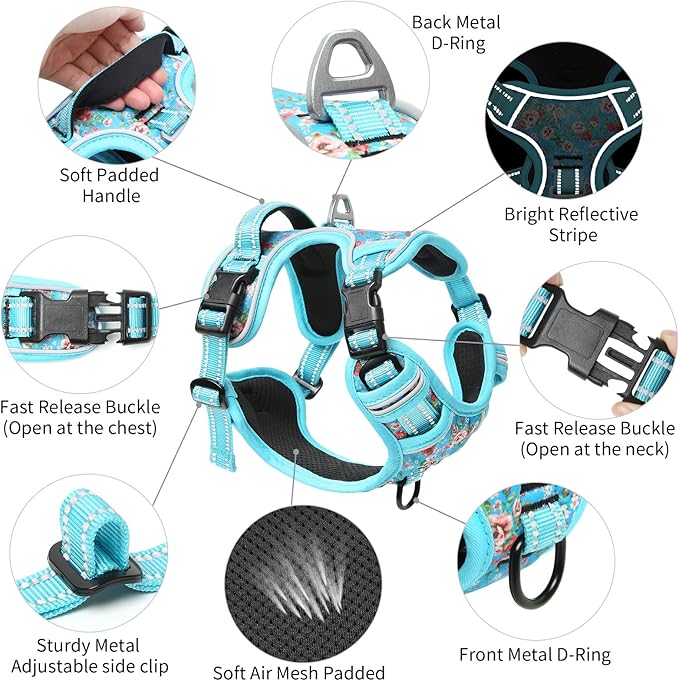 Timos No Pull Dog Harness,NO Need Go Over Dogs Head 3 Snap Buckles Reflective Oxford No Choke Harness with Front&Back 2 Metal Leash Clips Soft Padded for Small Medium Large Dogs,X-Large (Pack of 1) Timos