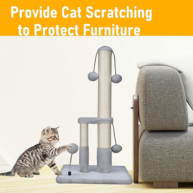 Dimaka Tall Cat Scratching Post, Double Lower Posts Extra Stable Cat Post Tree Scratcher with Sisal Rope and Teasing Balls, 4 Balls Total Large Base (Grey 26" - PAWPICO