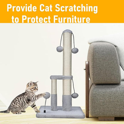 Dimaka Tall Cat Scratching Post, Double Lower Posts Extra Stable Cat Post Tree Scratcher with Sisal Rope and Teasing Balls, 4 Balls Total Large Base (Grey 26" - PAWPICO