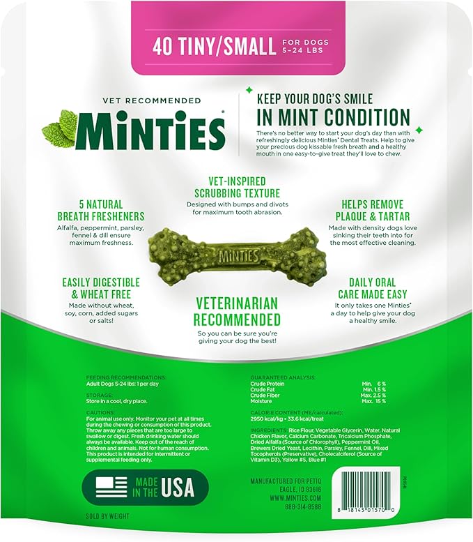 Minties Dental Chews for Dogs, 40 Count, Vet-Recommended Mint-Flavored Dental Treats for Tiny/Small Dogs 5-24 lbs, Dental Bones Clean Teeth, Fight Bad Breath, and Removes Plaque and Tartar Minties