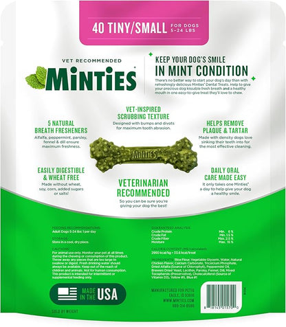 Minties Dental Chews for Dogs, 40 Count, Vet-Recommended Mint-Flavored Dental Treats for Tiny/Small Dogs 5-24 lbs, Dental Bones Clean Teeth, Fight Bad Breath, and Removes Plaque and Tartar Minties