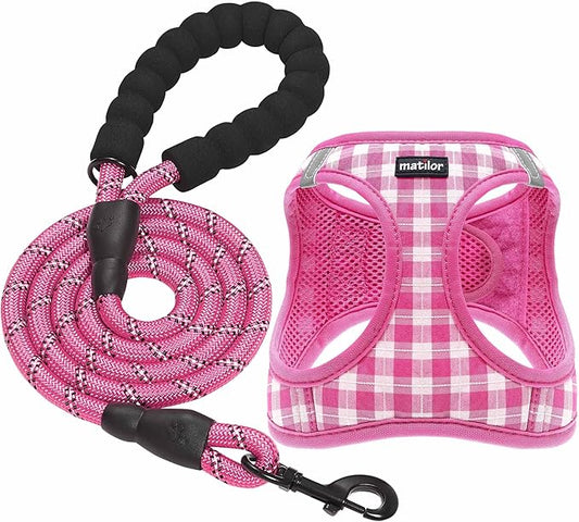 Dog Harness Step-in Breathable Puppy Cat Dog Vest Harnesses for Small Medium Dogs Pink Checkered matilor