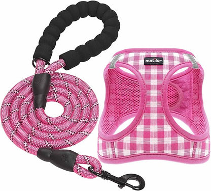 Dog Harness Step-in Breathable Puppy Cat Dog Vest Harnesses for Small Medium Dogs Pink Checkered matilor