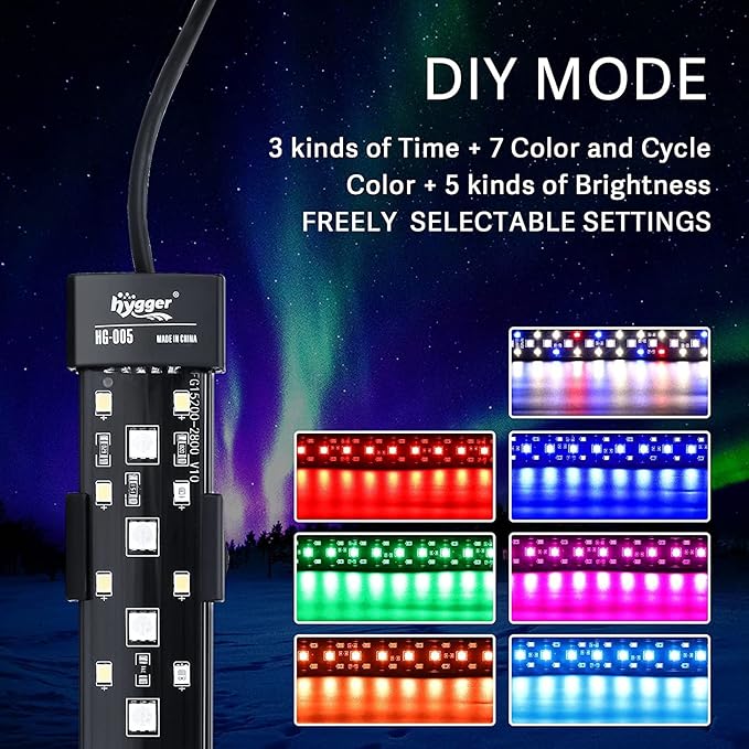 hygger 24/7 Mode Submersible Aquarium LED Light, Full Spectrum Hidden Fish Tank Light with 3 Rows Beads 7 Colors Auto On Off Sunrise-Daylight-Moonlight, Adjustable Timer Brightness 10W hygger