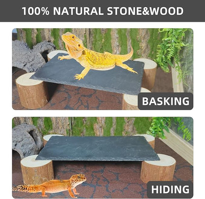Bearded Dragon Basking Platform with Wooden Pile,Reptiles Hideout Cave,Turtle Basking Rock,Terrarium Habitat Decor Tank Accessories for Tortoise Lizards Snakes Chameleon Style C Gxsdj
