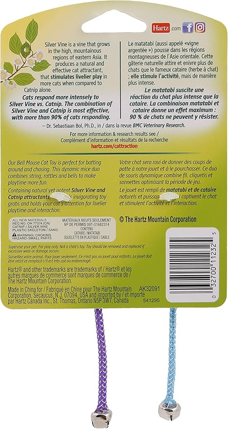 Hartz Cattraction Bell Mouse Cat Toy with Two Silver Vine & Catnip Sisal Mice - 2 Pack, All Breed Sizes - PAWPICO