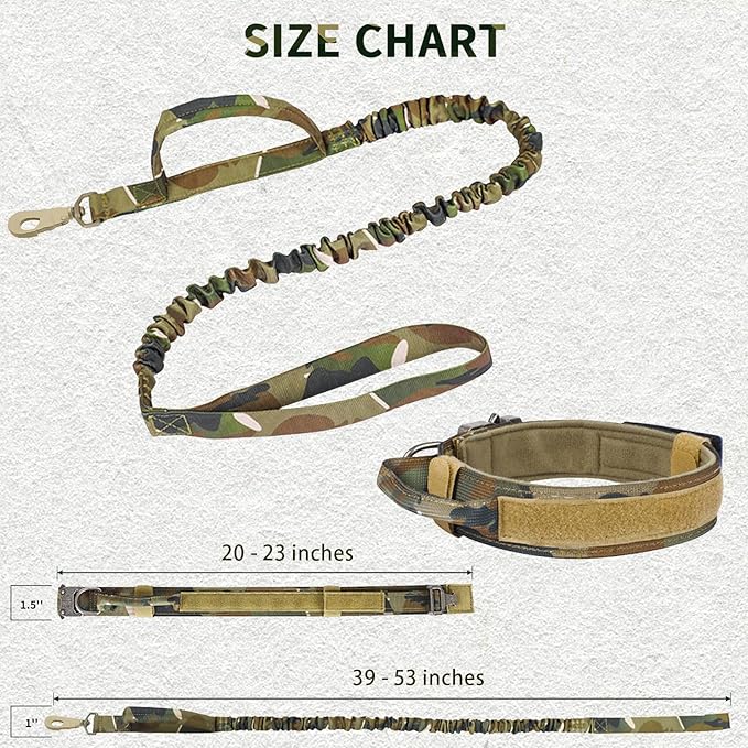 Tactical Dog Collar and Bungee Leash, Camo Military Dog Collar & Leash Set with USA American Flag Adjustable K9 Collar with Heavy Duty Metal Buckle & Handle,with Patches and Airtags Case (XL, Camo) Celifelight