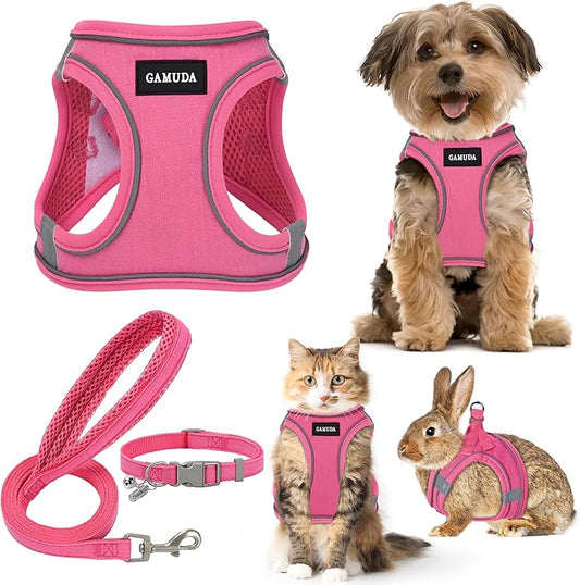 GAMUDA Small Pet Harness Collar and Leash Set, Step in No Chock No Pull Linen Fabric Soft Mesh Dog Vest Harnesses Reflective for Dogs Puppy Cats Kitten Rabbit (Pink, S) GAMUDACollarsCollection