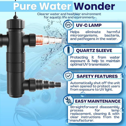 Flexzion UV Light for Pond - 18W Medium Pond UV Light, 5283 Gal Capacity, 2500L/H UV Pond Clarifier for Outdoor Ponds, Clears Water in Days (CUV-118) Flexzion