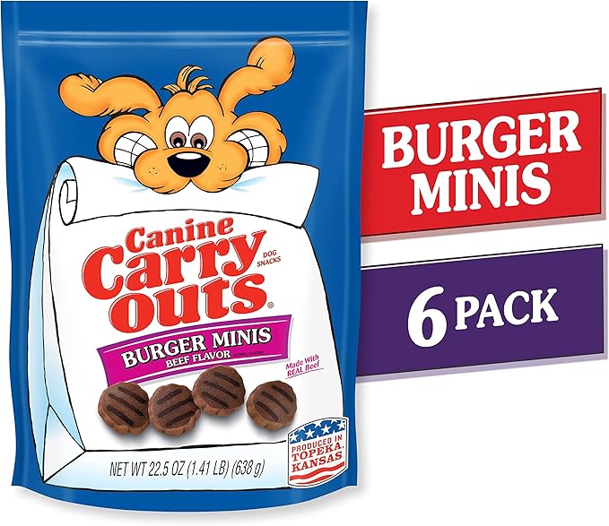 Canine Carry Outs Dog Treats, Burger Minis Beef Flavor, 22.5 Ounce (Pack of 6), Made with Real Beef - PAWPICO