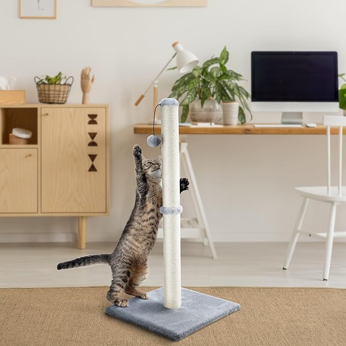 Dimaka 29" Height Tall Cat Scratching Post, Claw Scratcher with Sisal Rope and Covered with Soft Smooth Plush, Vertical Scratch [Full Strectch] for Standard Size Cats (Grey, 29 inches) - PAWPICO