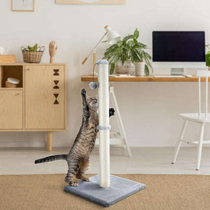 Dimaka 29" Height Tall Cat Scratching Post, Claw Scratcher with Sisal Rope and Covered with Soft Smooth Plush, Vertical Scratch [Full Strectch] for Standard Size Cats (Grey, 29 inches) - PAWPICO