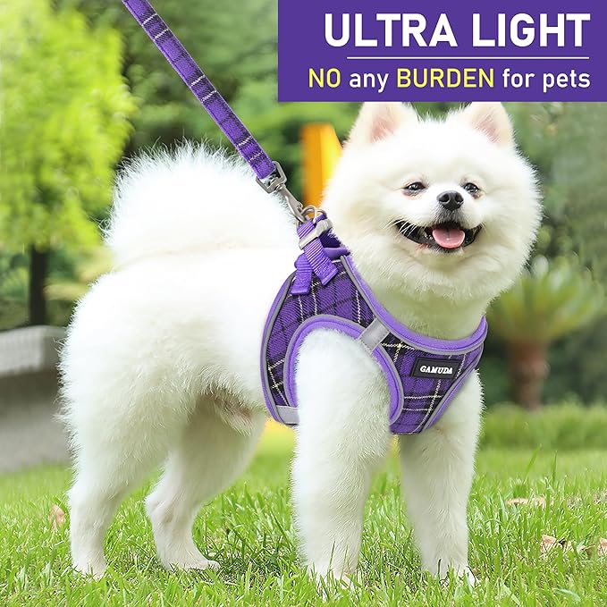 GAMUDA Small Dog Harness Collar and Leash Set, Step in No Chock No Pull Soft Mesh Adjustable Dog Vest Harnesses Plaid Reflective for Dogs Puppy Cats Kitten Rabbit (Purple, XL) GAMUDACollarsCollection