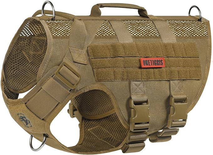 OneTigris No Pull Tactical Dog Harness for Medium Dog, Aire Mesh Dog Vest Harness, Breathable Military Dog Molle Vests with Handles, Service Dog Vest for Walking Hiking Training (L, Brown) OneTigris