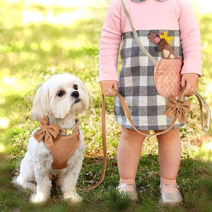 Didog Cute Small Dog Harness Collar & Leash Set, Adjustable Dog Collars and Leashes with Bowtie, Breathable Soft Mesh Padded Dog Vest for Puppies Small Dogs Walking, Brown, S Didog