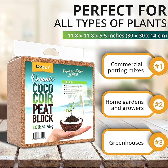 Organic Coco Coir Brick, Natural Seed Starter with Low EC and pH Balance, Enhance Root Growth in Herbs, Flowers, and House Plants, Organic with High Expansion - by Vivlly (10, Pounds) Vivlly