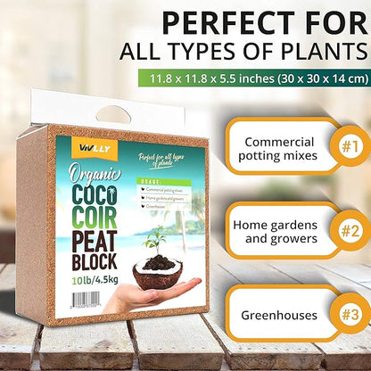Organic Coco Coir Brick, Natural Seed Starter with Low EC and pH Balance, Enhance Root Growth in Herbs, Flowers, and House Plants, Organic with High Expansion - by Vivlly (10, Pounds) Vivlly