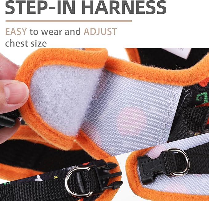 PUPTECK Adjustable Dog Harness Collar and Leash Set Step in No Pull Pet Harness for Small Medium Dogs Puppy and Cats Outdoor Walking Running, Soft Mesh Padded Reflective Vest Harnesses, Halloween, M PUPTECK