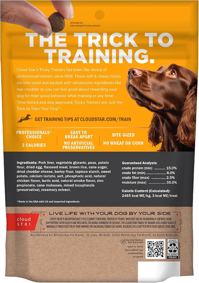 Cloud Star Tricky Trainers Soft & Chewy Dog Training Treats 14 oz Pouch, Cheddar Flavor, Low Calorie Behavior Aid with 360 treats - PAWPICO