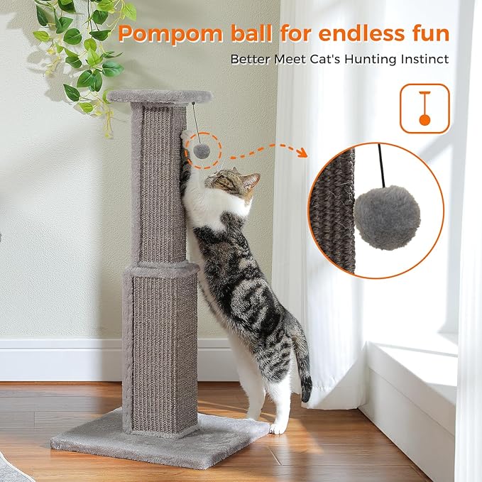 PAWZ Road 32 Inches Cat Ultimate Scratching Post, Durable Sisal Tower with a Cute Ball for Large Indoor Cats-Grey - PAWPICO