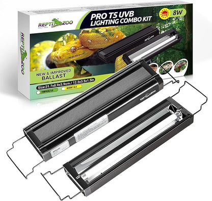 REPTI ZOO UVB Reptile Light, New Version T5 HO UVB Lighting Combo Kit, Reptile Terrarium Hood with 5.0 UVB Tube Bulb, Reptile Light Fixture 8W-12Inch REPTIZOO