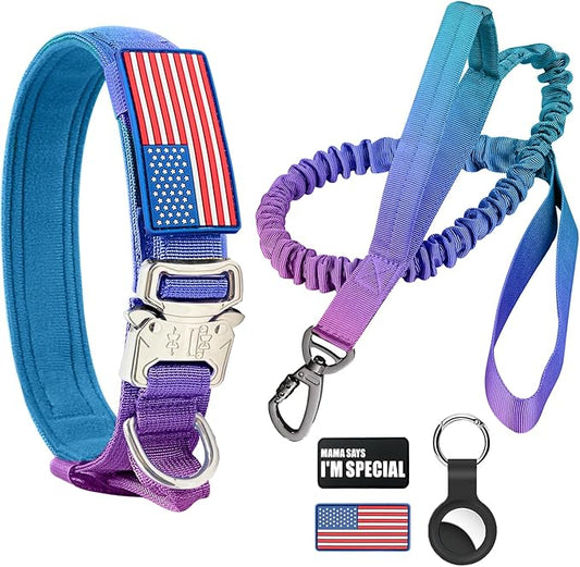 Tactical Dog Collar and Bungee Leash,Military Dog Collar & Leash Set with USA American Flag Adjustable K9 Collar with Heavy Duty Metal Buckle & Handle,with Patches and Airtags Case (Gradient, M) Celifelight