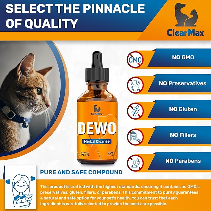 Dewo for Dogs ◆ Cat Dewo ◆ Puppy Dewo ◆ Kitten Dewo ◆ Natural Broad Spectrum Cleanser for Pets ◆ Liquid Dewo for Dogs and Cats ◆ Pet Dewo ◆ Digestive Cleanser ◆ 2 Oz ClearMax