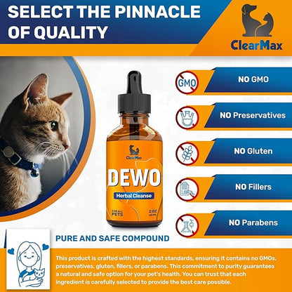 Dewo for Dogs ◆ Cat Dewo ◆ Puppy Dewo ◆ Kitten Dewo ◆ Natural Broad Spectrum Cleanser for Pets ◆ Liquid Dewo for Dogs and Cats ◆ Pet Dewo ◆ Digestive Cleanser ◆ 2 Oz ClearMax