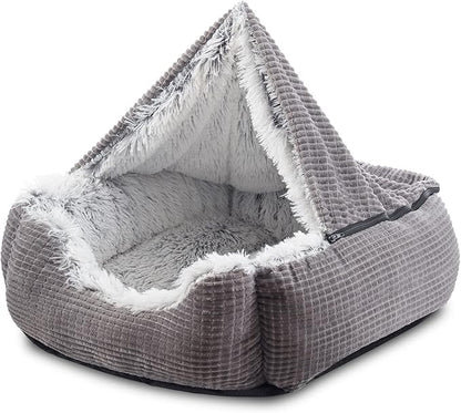 MIXJOY Dog Beds for Large Medium Small Dogs, Rectangle Cave Hooded Blanket Puppy Bed, Luxury Orthopedic Cat Beds for Indoor Cats, Warmth and Machine Washable (30 inches, Grey) - PAWPICO