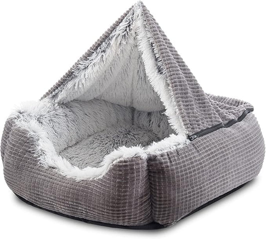 MIXJOY Dog Beds for Large Medium Small Dogs, Rectangle Cave Hooded Blanket Puppy Bed, Luxury Orthopedic Cat Beds for Indoor Cats, Warmth and Machine Washable (30 inches, Grey) - PAWPICO