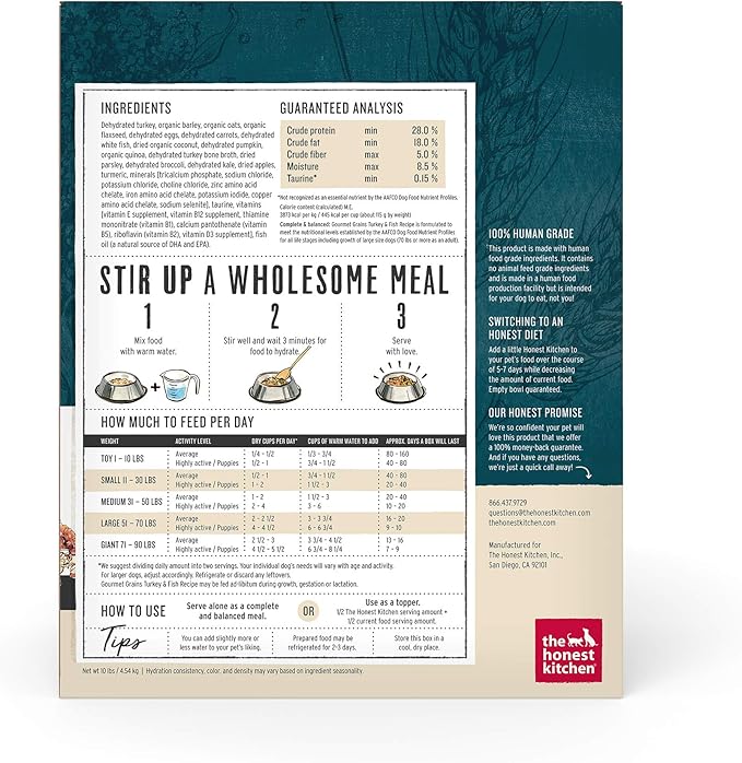 The Honest Kitchen Gourmet Grains Turkey & White Fish Recipe Dehydrated Dog Food, 10 lb box - PAWPICO