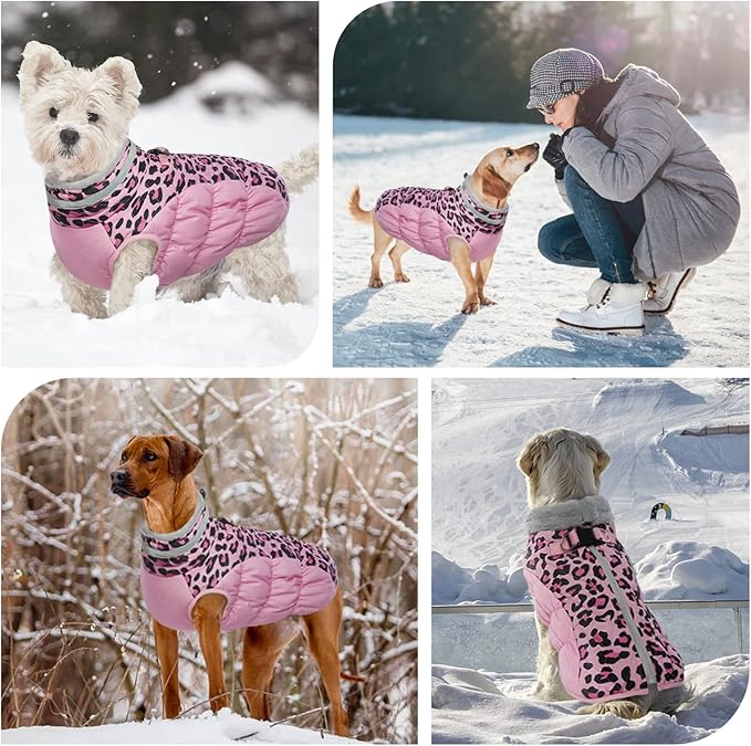 FUAMEY Dog Winter Coat,Dog Cold Weather Coats Dog Jackets with Zipper on Back with Harness Built in Dog Paded Vest Water Resistant Reflective Jacket for Small Medium Large Dogs Pink Leopard XXL - PAWPICO