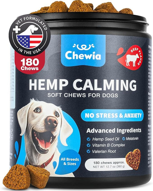 Hemp Calming Chews for Dogs - Dog Calming Treats - Anxiety Relief for Dogs with L-Theanine, Chamomile Extract, Valerian Root - Dog Anxiety Relief for Travel, Vet Visits, Thunderstorms, Nail Trimming CHEWIA