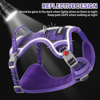 GAMUDA Dog Harness Collar and Leash Set, Dog Harness, No Chock No Pull Adjustable Vest Harnesses Plaid Reflective for Medium Dog, Cat, Small Horse, Small Bull and Pig (Purple, M) GAMUDACollarsCollection