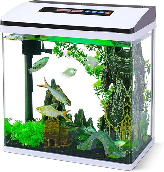 6 Gallon Glass Aquarium Fish Tank Starter Kit with Temperature and Time Display for Betta Fish Featuring Crystal Clear 360° Viewing, Eco-Cycle Filtration, Air Pump Bluecoco