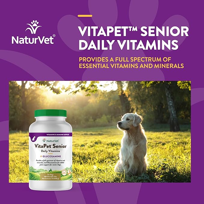 NaturVet VitaPet Senior Daily Vitamins Plus Glucosamine, Dog Multivitamin Supplement, Chewable Tablets, Time Release, Made in The USA with Globally Source Ingredients 180 Count NaturVet