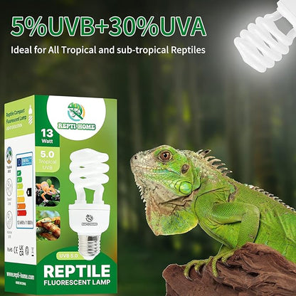 UVB Reptile Light 5.0, 13W Tropical and Sub-Tropical UVA UVB Bulb for Reptiles, Tropical Terrarium Compact Fluorescent Lamp, Reptile UVB Light Bulb for Chameleons, Iguanas and Turtles REPTIHOME