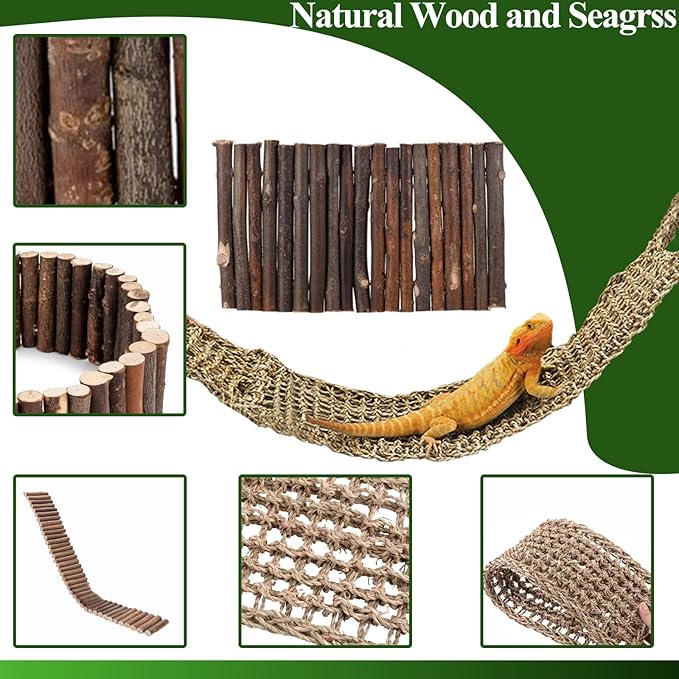 HERCOCCI Bearded Dragon Tank Accessories, Large Reptile Bridge Hammock Flexible - Jungle Climbing Vines and Leaves with Suction Cups Habitat Décor for Hiding& Climbing Snake Gecko Lizard Chameleon HERCOCCI