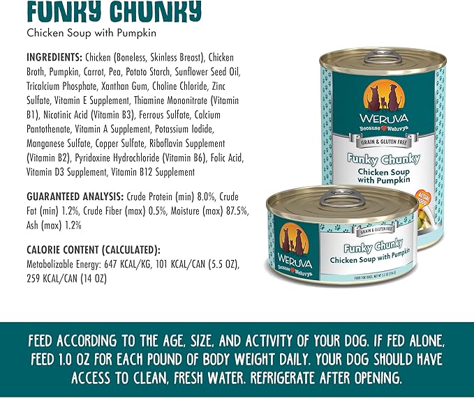 Weruva Classic Dog Food, Funky Chunky Chicken Soup with Chicken Breast & Pumpkin in Gravy, 5.5oz Can (Pack of 24), Blue - PAWPICO