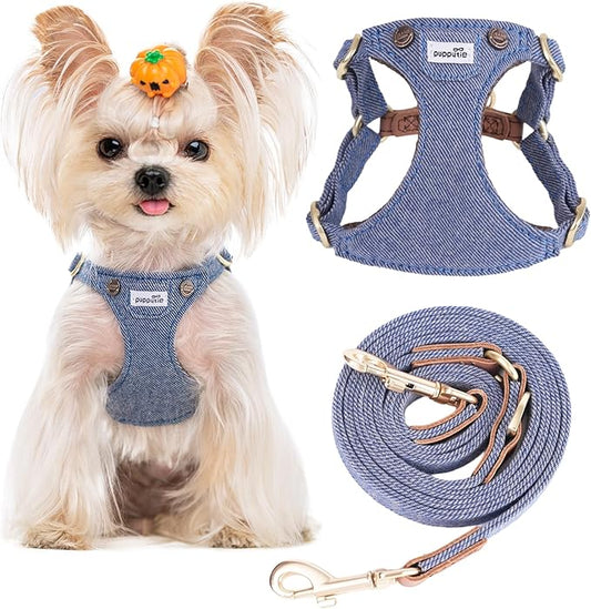 Puppytie No Pull xs Dog Harness with Multifunction Dog Leash,Soft Adjustable No Choke Escape Proof Pet Harness Vest,denimn Light Blue,XS Puppytie