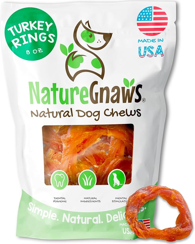 Nature Gnaws USA Turkey Tendon Rings for Dogs (8oz) - Delicious Grain Free Reward Snack for Small, Medium & Large Breeds - Premium Natural Dog Chew Treats - PAWPICO