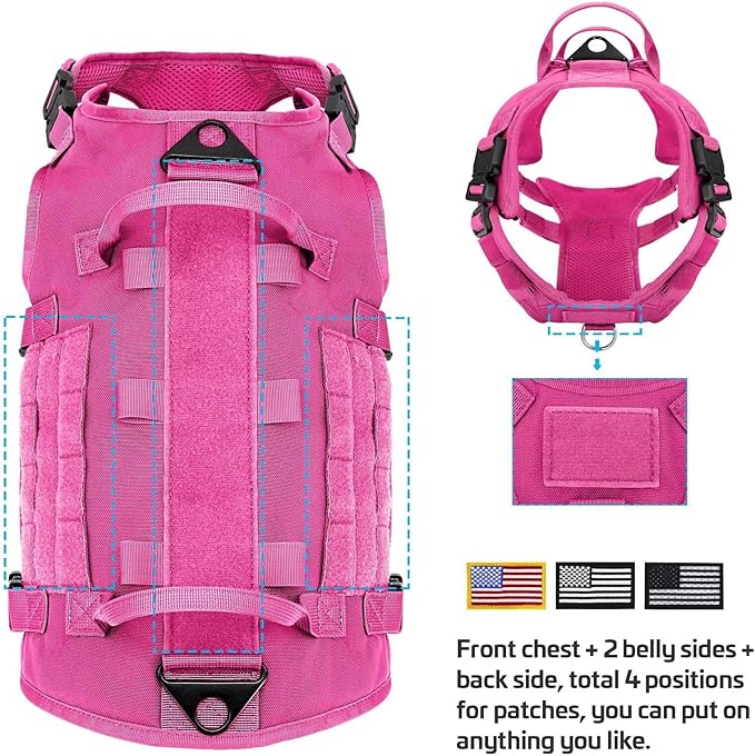 Forestpaw Pink Tactical Dog Harness for Large Dogs,Tactical Dog Collar with Bungee Leash Set,No Pull Military Dog Harness for Dog Walking Training,Adjustable for Medium Large Dogs,S Forestpaw
