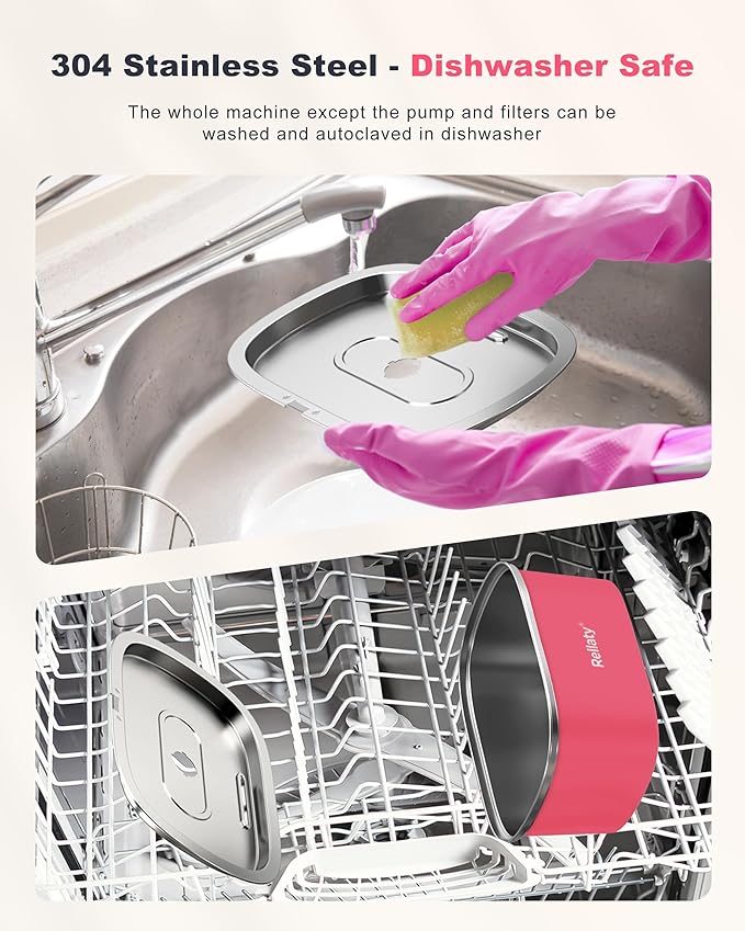 Cat Water Fountain Stainless Steel: 3.2L/108oz Pet Fountain Water Bowl Automatic Drinking Dispenser Cat Feeding & Watering Supplies, Ultra-Quiet Pump & Replacement Filter for Cats Inside(Living Pink) - PAWPICO