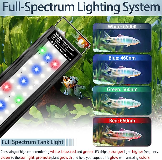 Aquarium LED Light Full Spectrum Fish Tank Lights White Blue Red Green Multi-Color LEDs Extendable Aquarium Light for 12 Inch to 18 Inch Fish Tanks DaToo