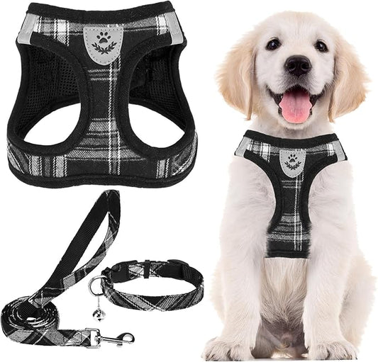 PUPTECK Adjustable Dog Harness Collar and Leash Set Step in No Pull Pet Harness for Small Medium Dogs Puppy and Cats Outdoor Walking Running, Soft Mesh Padded Reflective Vest Harnesses, Black XXS PUPTECK