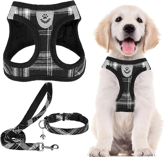 PUPTECK Adjustable Dog Harness Collar and Leash Set Step in No Pull Pet Harness for Small Medium Dogs Puppy and Cats Outdoor Walking Running, Soft Mesh Padded Reflective Vest Harnesses, Black M PUPTECK