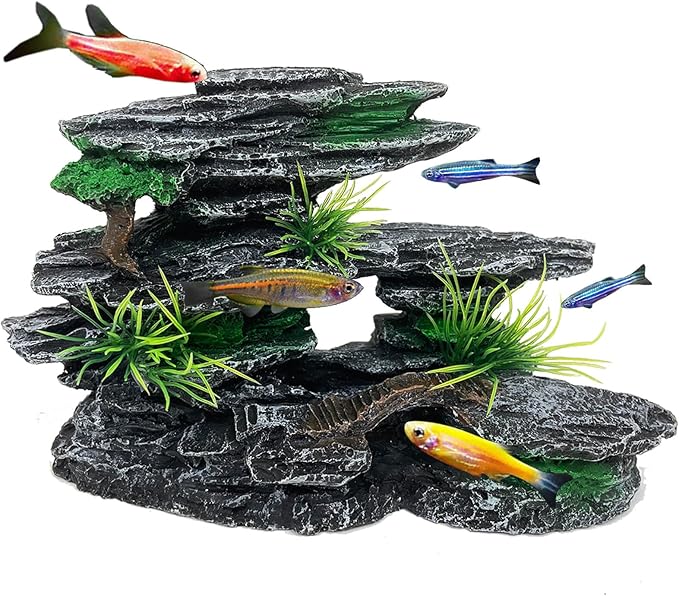 Aquarium Mountain View Stone Ornament Tree Rock Cave Aquarium Decorations for Fish Tank Decorations for Small Fish Tank - 7.5 Inches Long GOLOMOZ