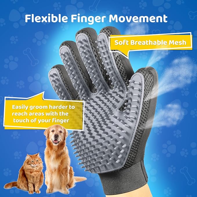 Upgrade Version Pet Grooming Glove - Gentle Deshedding Brush Glove - Efficient Pet Hair Remover Mitt - Enhanced Five Finger Design - Perfect for Dog & Cat with Long & Short Fur - 1 Pair (Gray) - PAWPICO