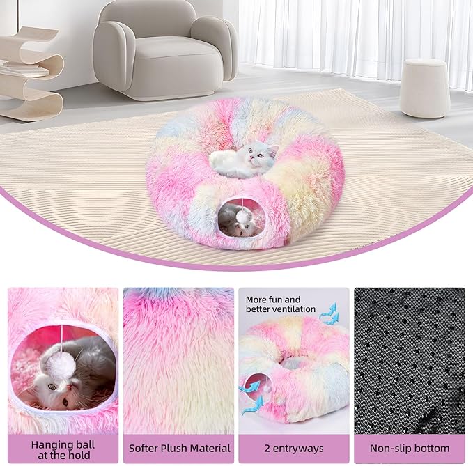 Odoland Cat Tunnels for Indoor Cats with Fluffy Plush Central Cat Couch and 20 Cat Toys, Tunnel Bed for Cats with Hanging Ball, Detachable Soft Mat and Variety Kitty Toy Set, Pink - PAWPICO
